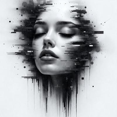 The primary subject of the image is a woman's face, which is the main focus of the image. The setting is a white background, and the visual style is a digital art or illustration. The colors and mood of the image are predominantly black and white, giving it a classic and timeless appearance.